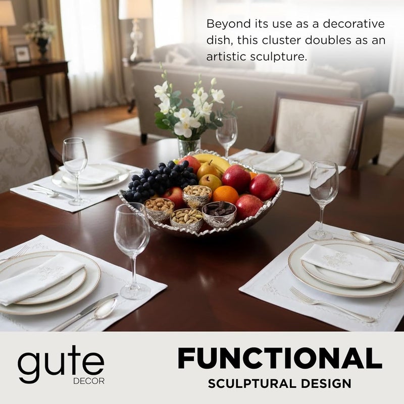 Gute 12 Inch Premium Decorative Antique Silver Hammered Torn Metal Centerpiece Bowl, Sculpted Leaf Edges Coated Chrome Allure Aluminum Platter Modern Table Accent, Home Kitchen Dining Room Textured Display - Image 3